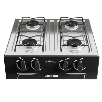Fogão a Gás Braslar Asiático 4 Bocas Portátil Sem Forno Acendimento Manual