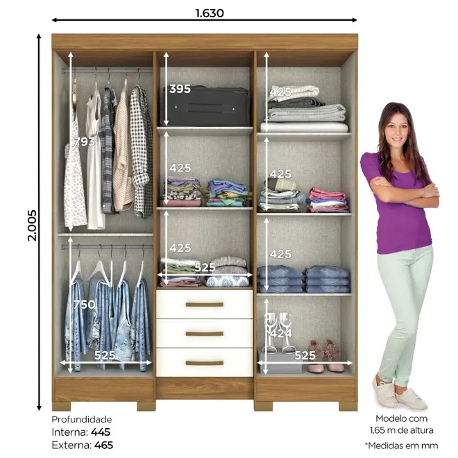 Roupeiro Henn B23 6 Portas e 3 Gavetas Com Espelho 201x163x47cm