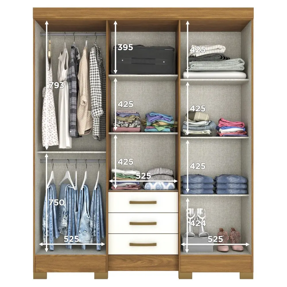 Roupeiro Henn B23 6 Portas e 3 Gavetas Com Espelho 201x163x47cm