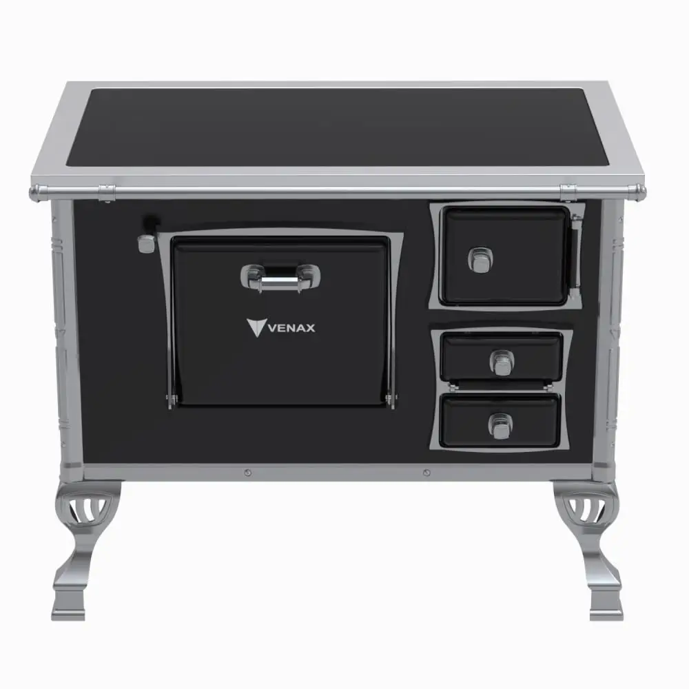 Fogão a Lenha Venax 35084 N2 Saída Esquerda Vitrocerâmica Premium Com Moldura Inox Preto
