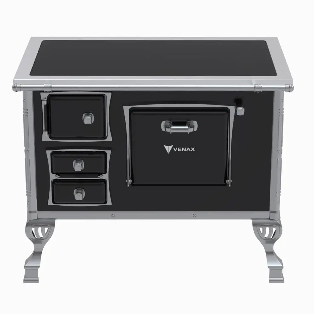 Fogão a Lenha Venax 35083 N2 Saída Direita Premium Chapa Vitrocerâmica Com Moldura Inox Preto